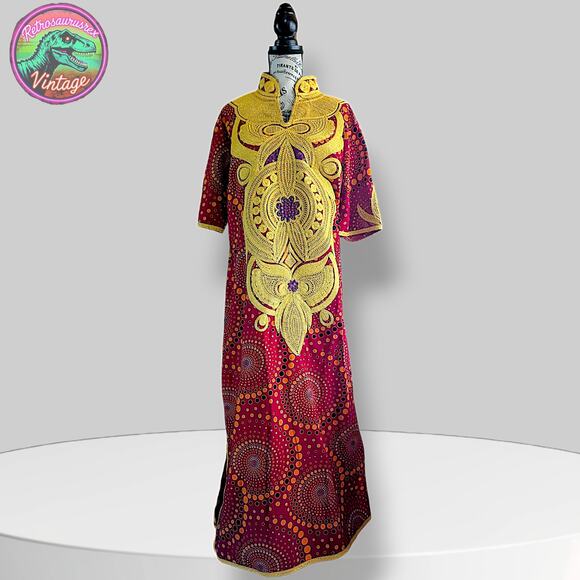 Vintage 1960’s / 1970’s Bohemian Goddess Polka Dot Dashiki Caftan Maxi Dress - Picture 7 of 8